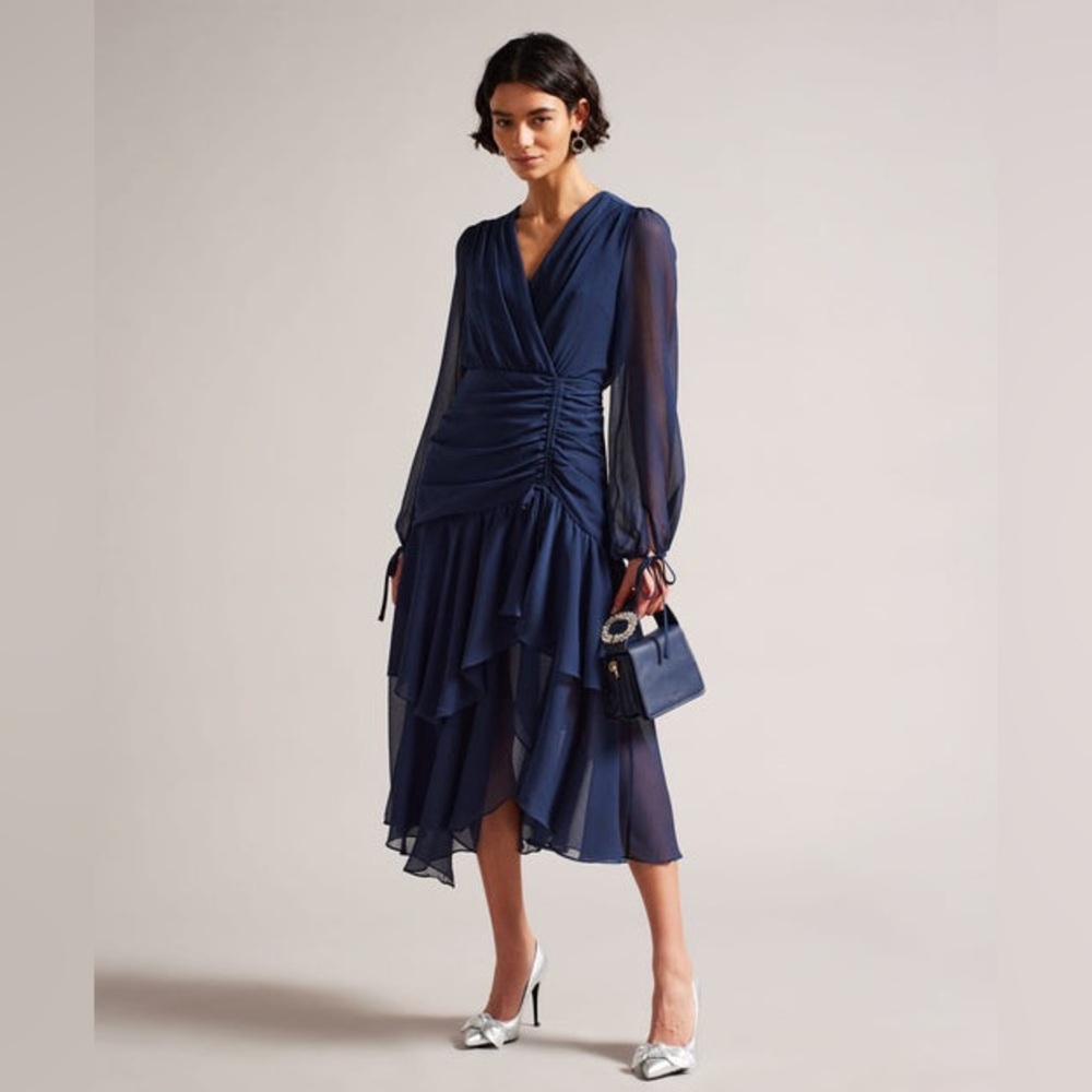 NWT Ted Baker Women’s Kiali Long Sleeves Navy Blue Chiffon Ruched Midi Dress - Picture 4 of 4